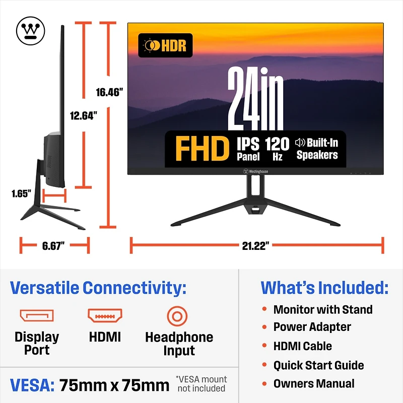 Westinghouse 24" Full Hd Ips Monitor, 100Hz, 1ms Response, Hdr, Adaptive Sync, Built-in Speakers, Hdmi & Vga, Gaming & Office (2025)