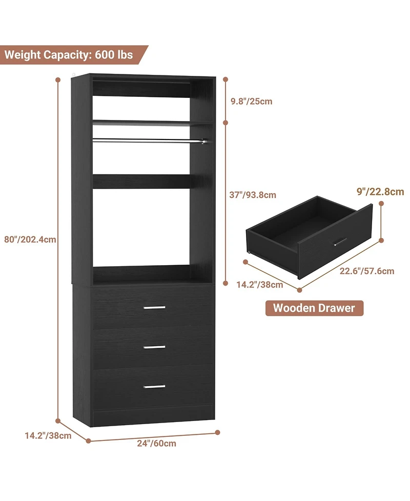 Freestanding 2FT Closet System with 3 Wooden Drawers, 24'' Organizer Hanging Rod & Shelves