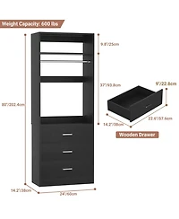 Freestanding 2FT Closet System with 3 Wooden Drawers, 24'' Organizer Hanging Rod & Shelves