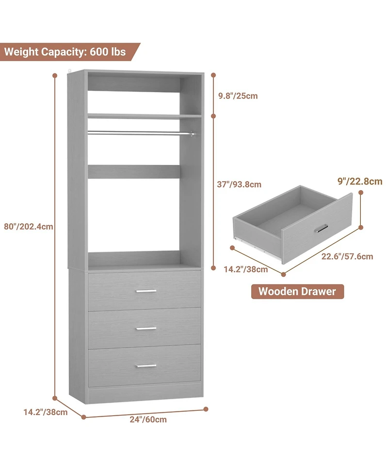 Freestanding 2FT Closet System with 3 Wooden Drawers, 24'' Organizer Hanging Rod & Shelves