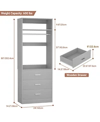 Freestanding 2FT Closet System with 3 Wooden Drawers, 24'' Organizer Hanging Rod & Shelves
