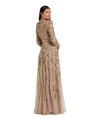 Mac Duggal Women's Long Sleeve Hand-Embellished Illusion Neckline Evening Gown