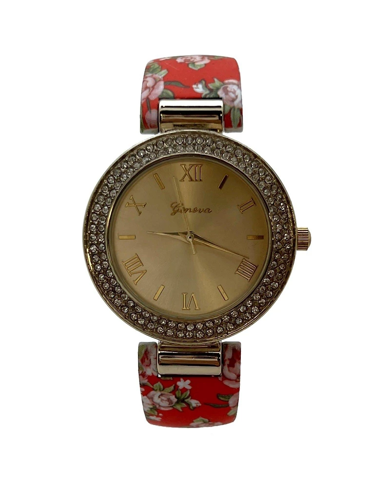 Olivia Pratt Red Floral Printed Soft Band Bangle Women Watch