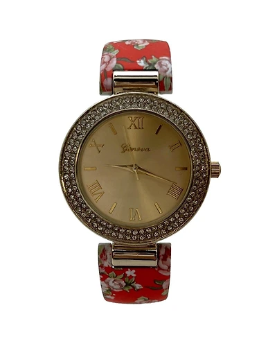 Olivia Pratt Red Floral Printed Soft Band Bangle Women Watch