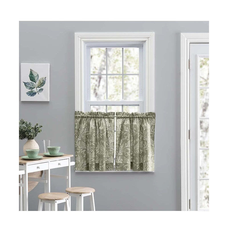 Ellis Curtain Lexington Leaf Pattern on Colored Ground Curtain Tiers 56"x24" Sage