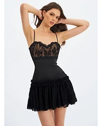 Miss Circle Women's Umra Black Contrast Lace Sweetheart Gathered Mini Dress
