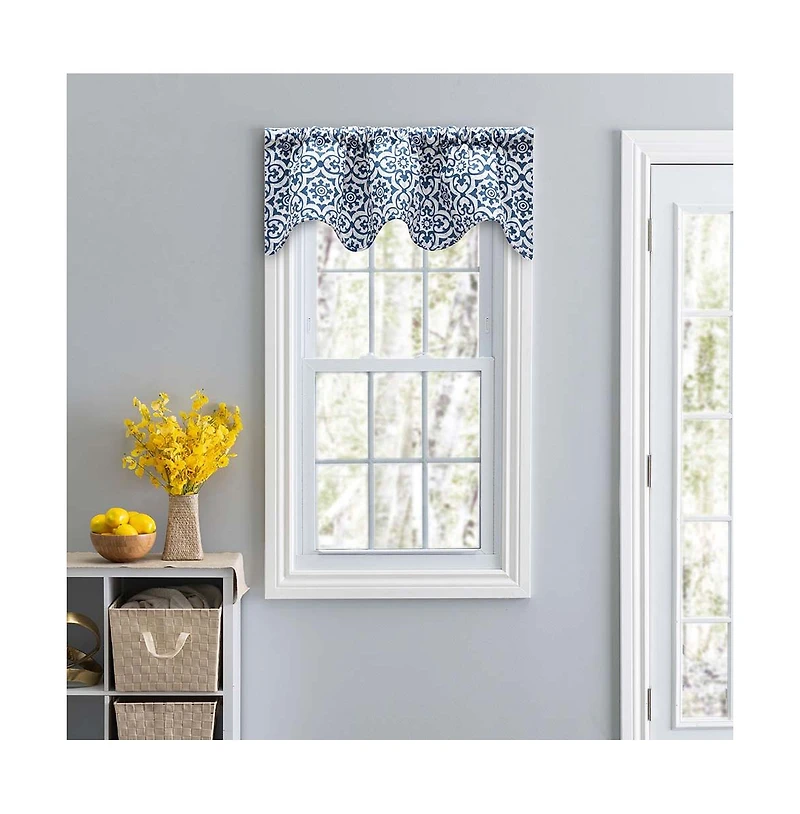 Ellis Athens Printed Tile Design on a Ground 3" Rod Pocket Premium Scallop Valance Lined 50"x16" Navy