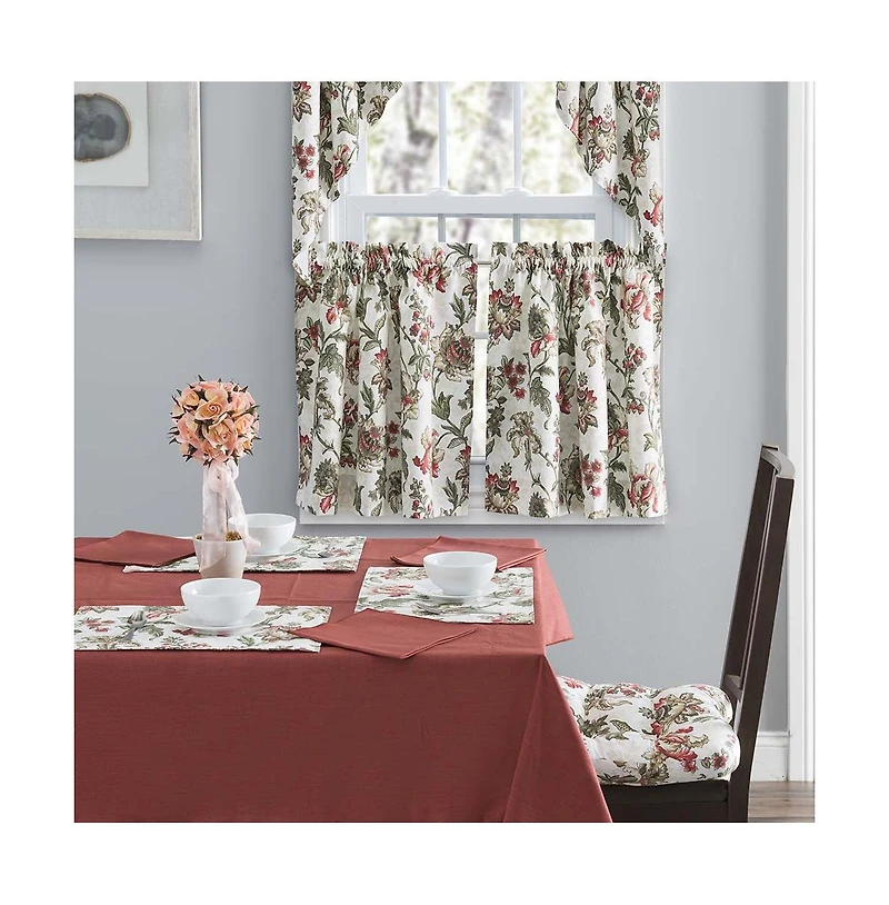 Ellis Curtain Madison Floral Design Printed Natural Ground 1.5" Rod Pocket Tailored Tier 56" x 24" Brick
