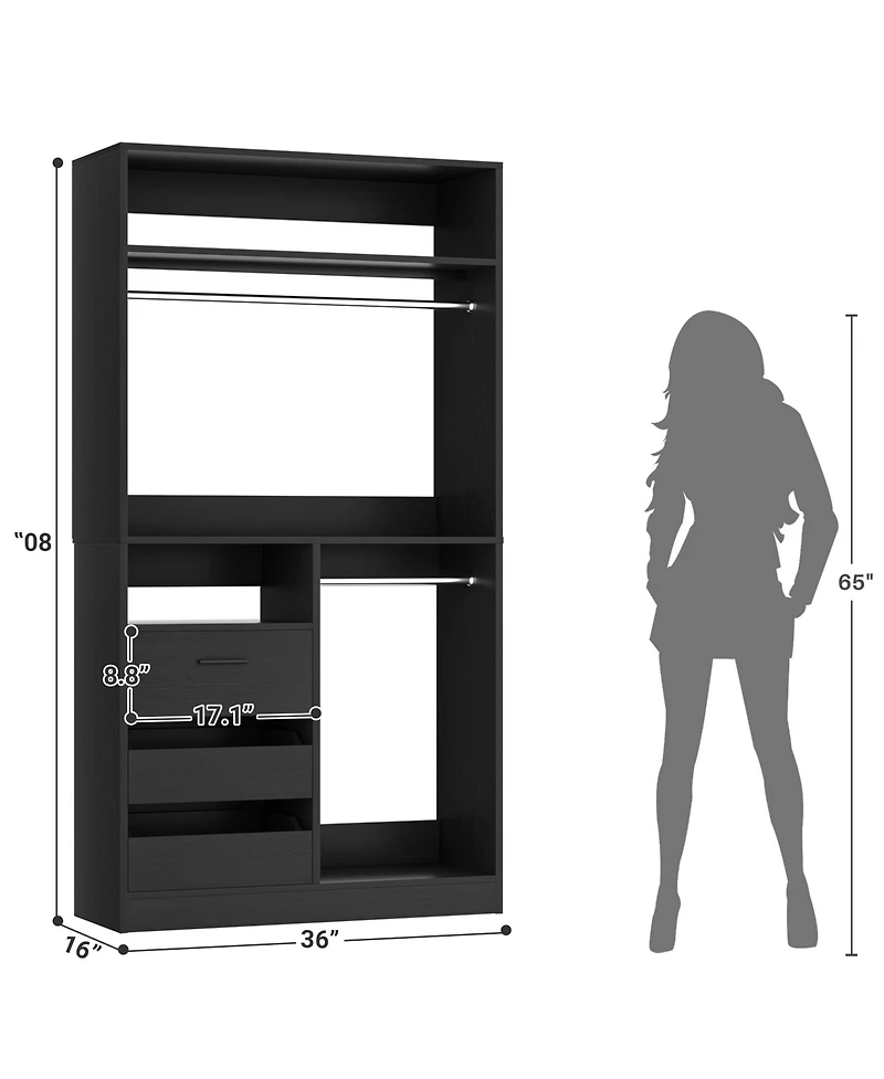 3FT Heavy Duty Closet System, 36'' Free Standing Organizer with 3 Drawers, 2 Hanging Rods and Shelves