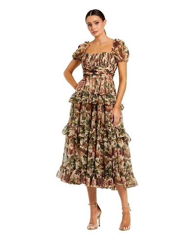 Mac Duggal Women's Chiffon Puff Sleeve A Line Midi Dress With Ruffles