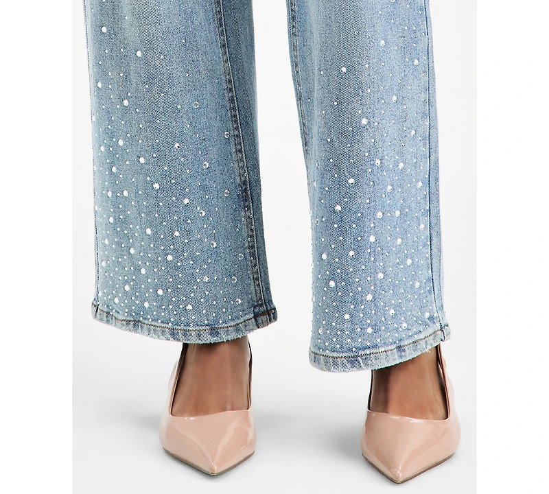 Bar Iii Women's Rhinestone Embellished Wide-Leg Jeans, Macy's Exclusive