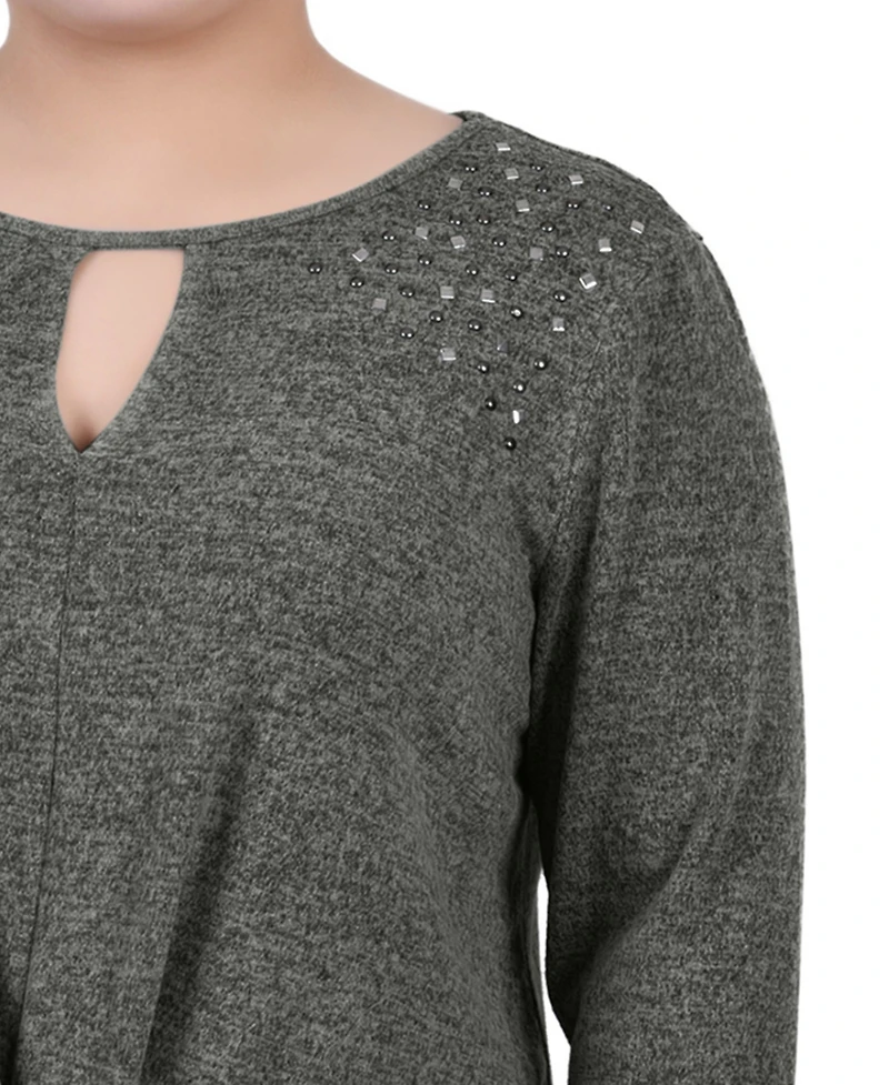 Ny Collection Women's Plus Long Sleeve Knit Keyhole Top