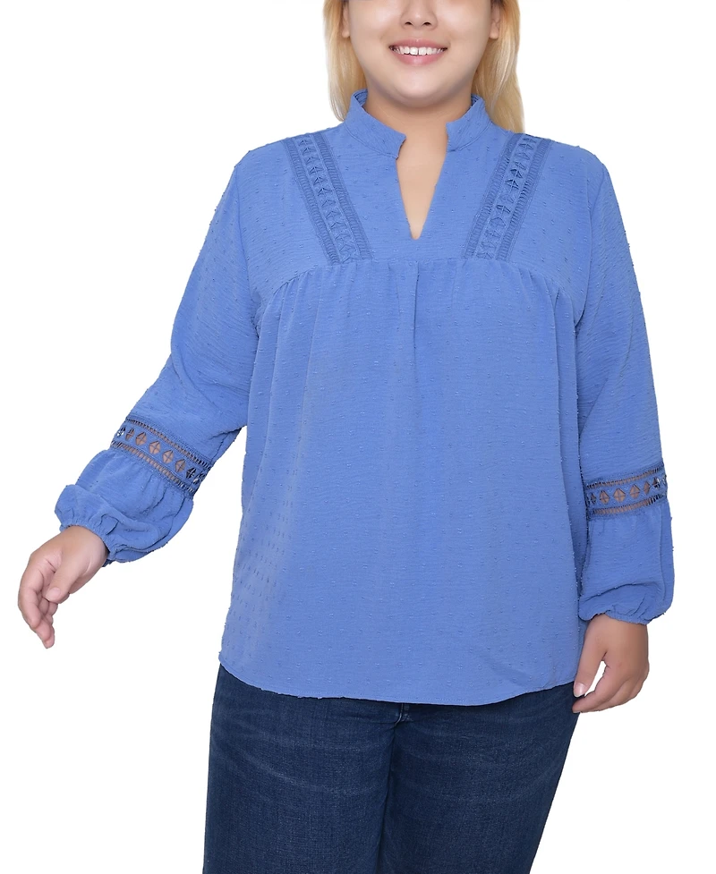 Ny Collection Women's Plus Crochet Trim Long Sleeve Blouse Top