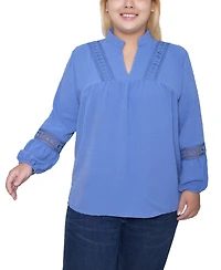 Ny Collection Women's Plus Crochet Trim Long Sleeve Blouse Top