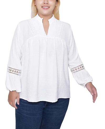 Ny Collection Women's Plus Crochet Trim Long Sleeve Blouse Top