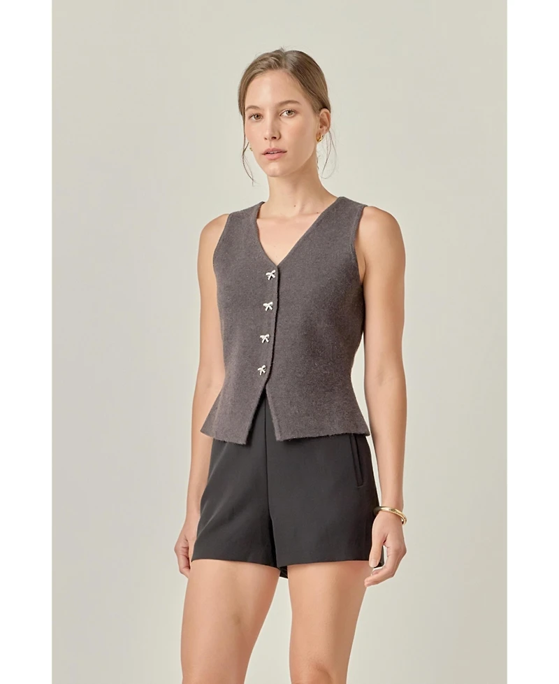 English Factory Women's Rhinestone Bow Button Knit Vest