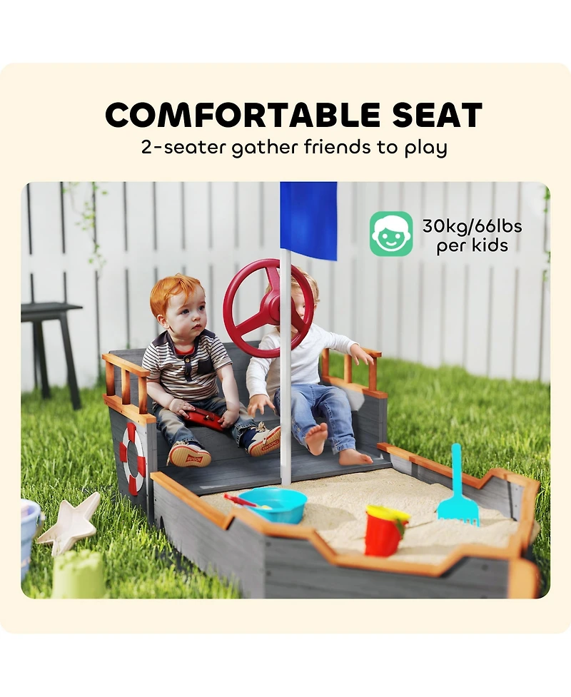 Outsunny 62 in. Wooden Kids box with Bottom Liner, Seats, Storage,