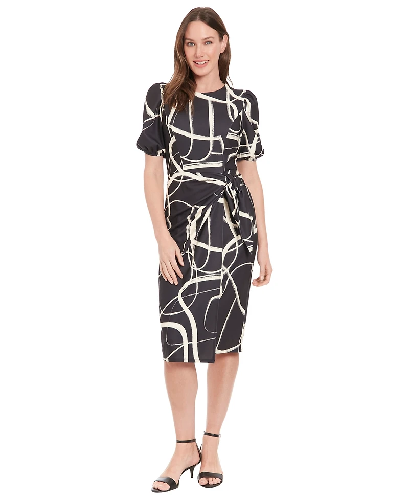London Times Women's Puff-Sleeve Midi Dress