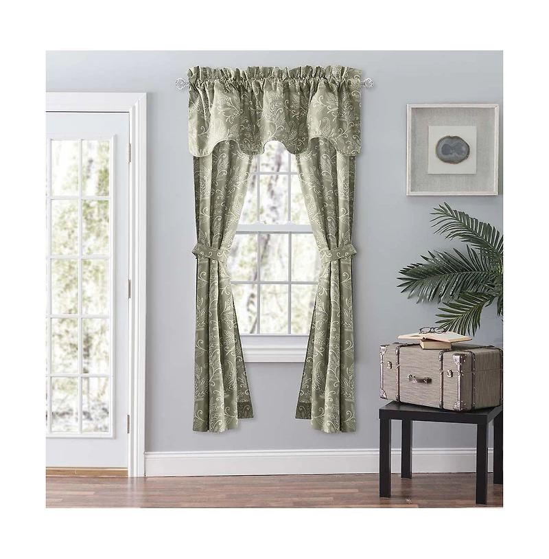 Ellis Curtain Lexington Leaf Pattern on Colored Ground Curtain Pair with Ties 56"x63" Sage