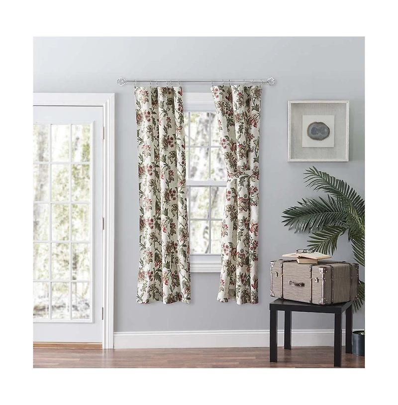 Ellis Curtain Madison Floral Printed Natural Ground 3" Rod Pocket Tailored Panel Pair with Tiebacks 56" x 63" Brick