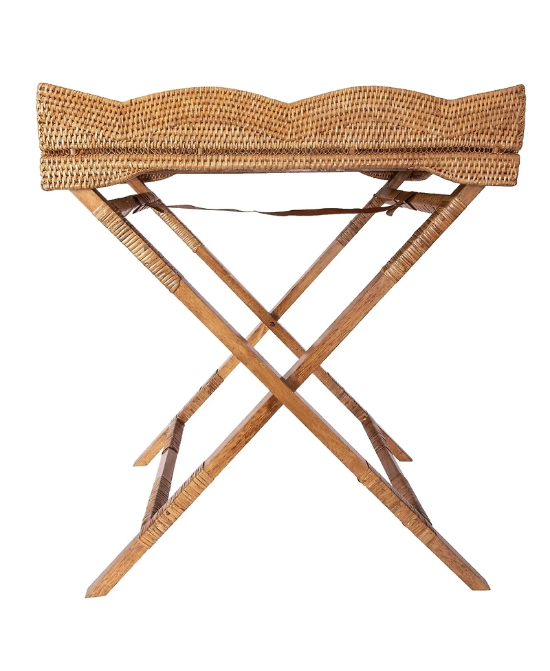 Artifacts Rattan Scallop Design Butler Tray with Wooden Legs
