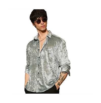 Campus Sutra Men's Sage Green Solid Velvet Shirt