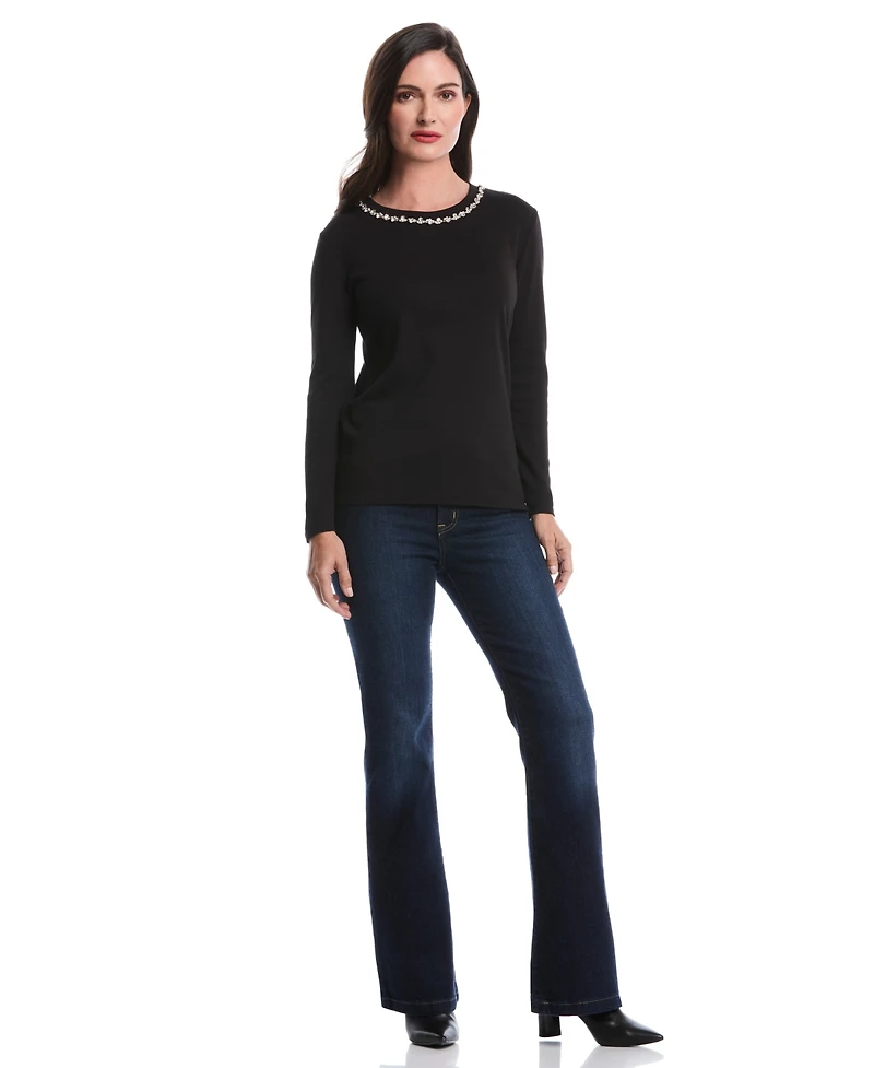Rafaella Petite Embellished Neck Long Sleeve Top