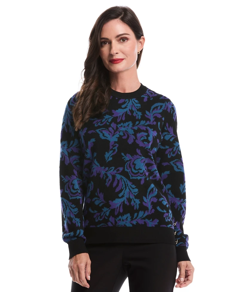 Rafaella Petite Scrolls Print Crew Neck Novelty Long Sleeve Sweater
