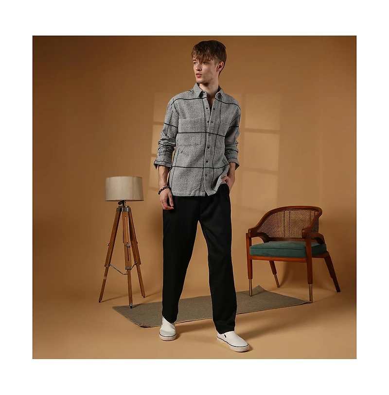 Campus Sutra Men's Moon Grey Graph-Check Waffle Overshirt