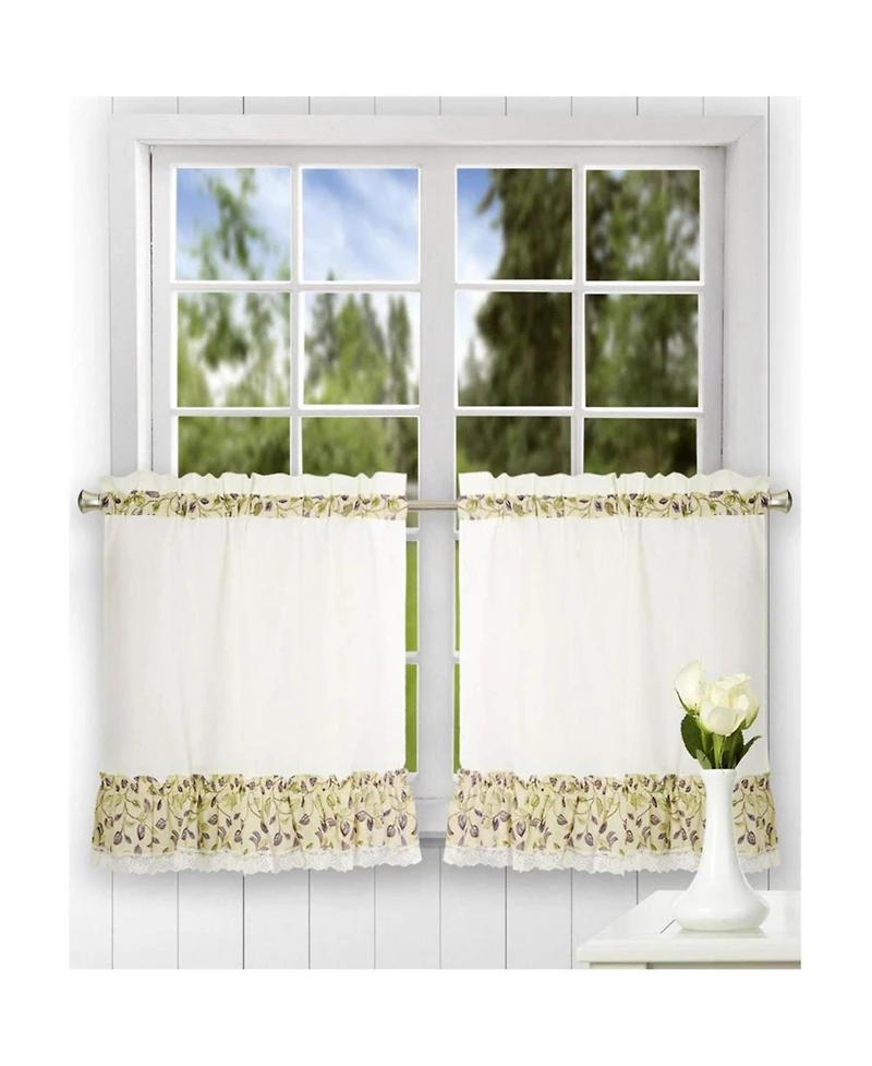 Ellis Curtain Clarice High Quality 2-Piece Leafy Branch Patterned Ruffled Tier Pair Window Curtains - 58 x30" Violet