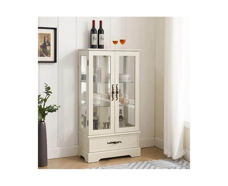 Casainc Glass Cabinet with Adjustable Shelves 2 Doors and 1 drawer Bulb Included