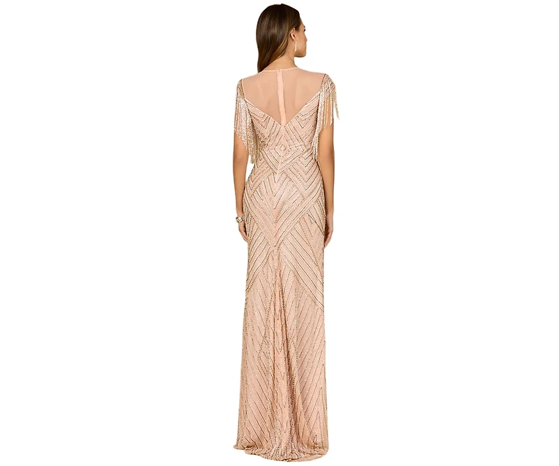 Lara Women's Beaded Fringe Illusion Dress with Cap Sleeves