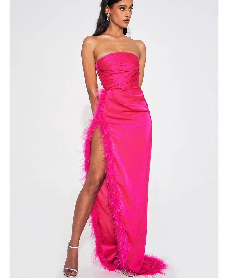 Miss Circle Women's Perrin Fuchsia Pink Feather Dress High Slit Gown