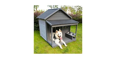 Aostirmotor 44.2 in. W x 44.6 in, D x 44.6 in. H Large Weatherproof Doghouse with Large Terrace and Cleaning mat, Feeding Bowl