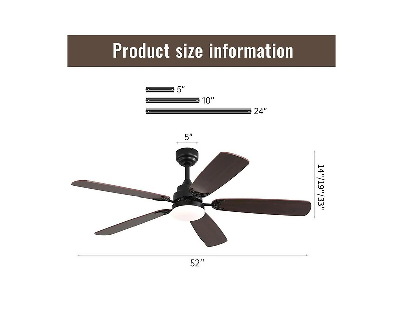 52-inch Modern Black 5 blades Three-color Dimmable Ceiling Fan Led Light with Six-speed Remote Control and Timing Function