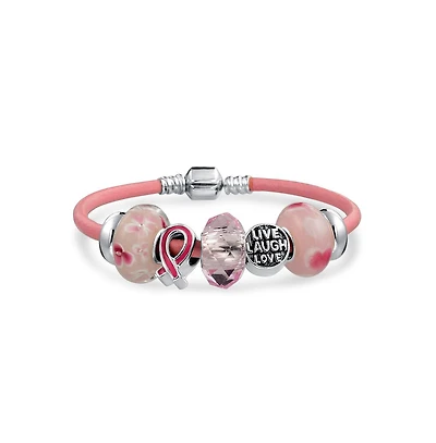 Bling Jewelry Live Love Laugh Support Breast Cancer Survivor Pink Ribbon Multi Bead Charm Leather Bracelet Sterling Silver Barrel Clasp