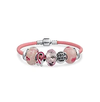 Bling Jewelry Live Love Laugh Support Breast Cancer Survivor Pink Ribbon Multi Bead Charm Leather Bracelet Sterling Silver Barrel Clasp