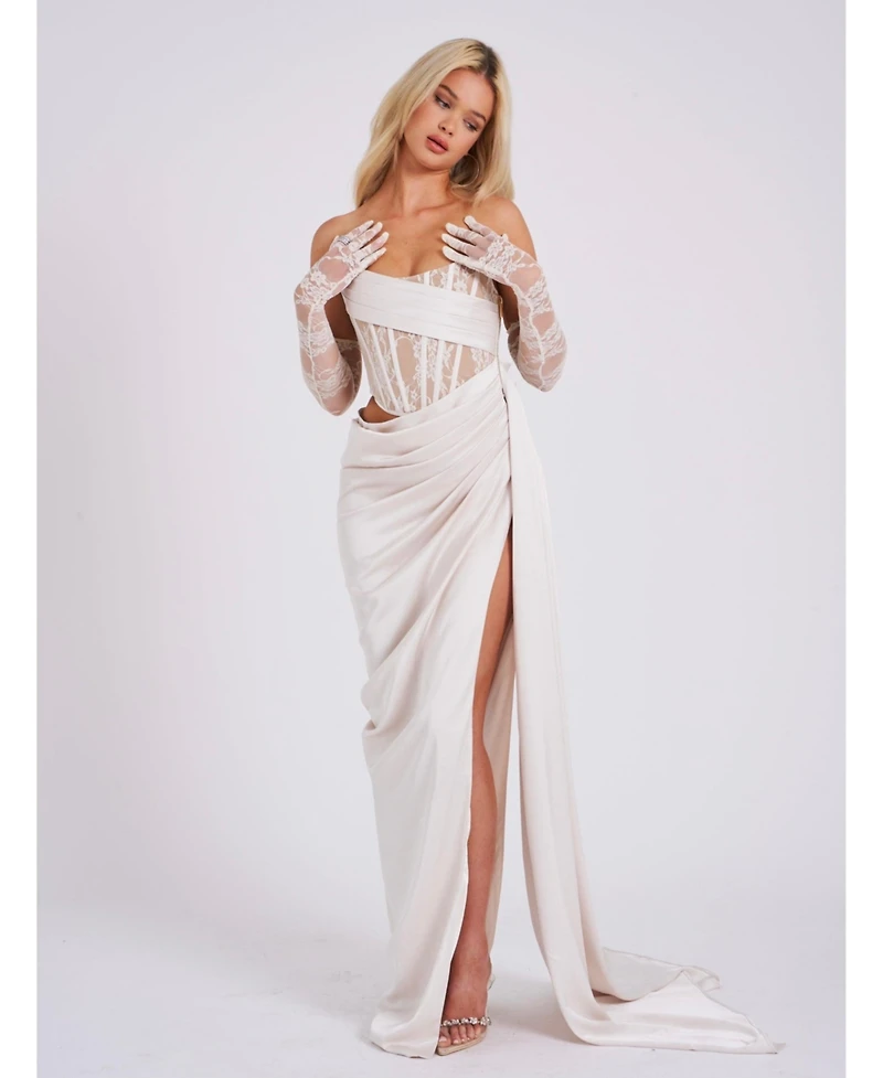 Miss Circle Women Callie Pearl White Lace Satin Corset High Slit Gown
