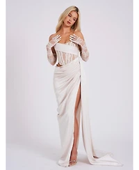 Miss Circle Women Callie Pearl White Lace Satin Corset High Slit Gown