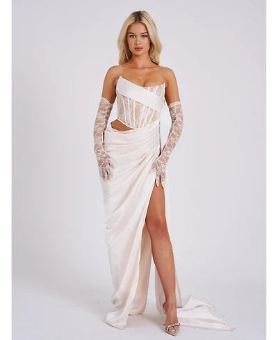 Miss Circle Women Callie Pearl White Lace Satin Corset High Slit Gown