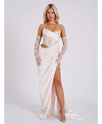 Miss Circle Women Callie Pearl White Lace Satin Corset High Slit Gown