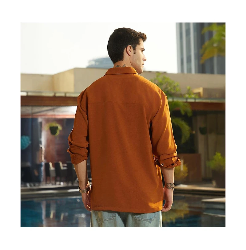 Campus Sutra Men's Rust Orange Breezy Wrinked Shirt