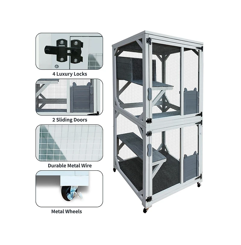 Aostirmotor 71 in. H Outdoor Wooden Cat Enclosure with Napping House 4 Platforms & Weatherproof Asphalt Roof in Gray