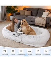Grey White Human Dog Bed Washable Faux Fur Dog Bed Napping Orthopedic Dog Bed