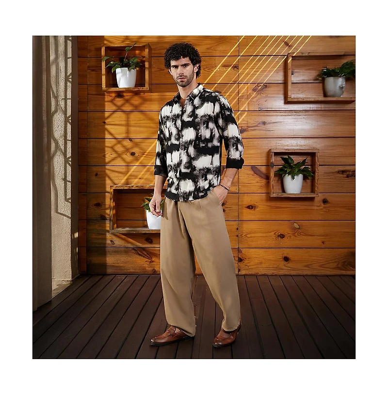 Campus Sutra Men's Onyx Black Textured Brushwork Shirt