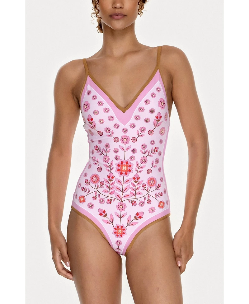 Jessie Zhao New York Women's Pink Garden Reversible V-Neck One-Piece Swimsuit