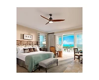 56-inch Modern 3 Solid Wood Blade Tri Color Dimming Ceiling Fan with Six Speed Remote Control and Forward Reverse Function for Indoor
