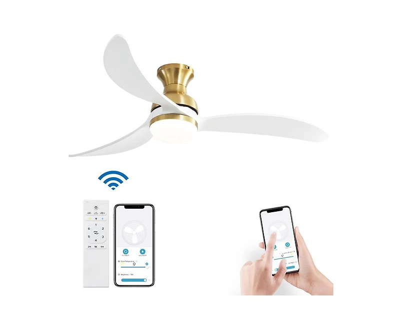 52-inch Modern Classic Golden 3-Blade Flush Mount with Intelligent Remote Control and Light