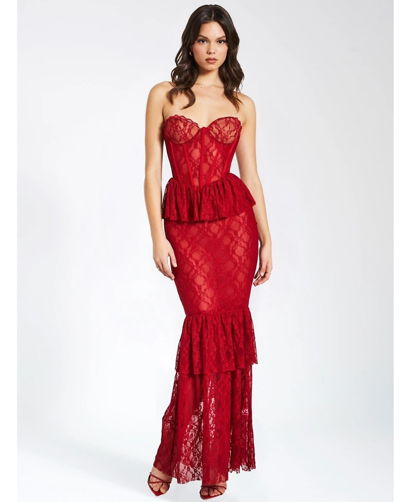 Miss Circle Women's Quennell Burgundy Lace Corset Maxi Dress
