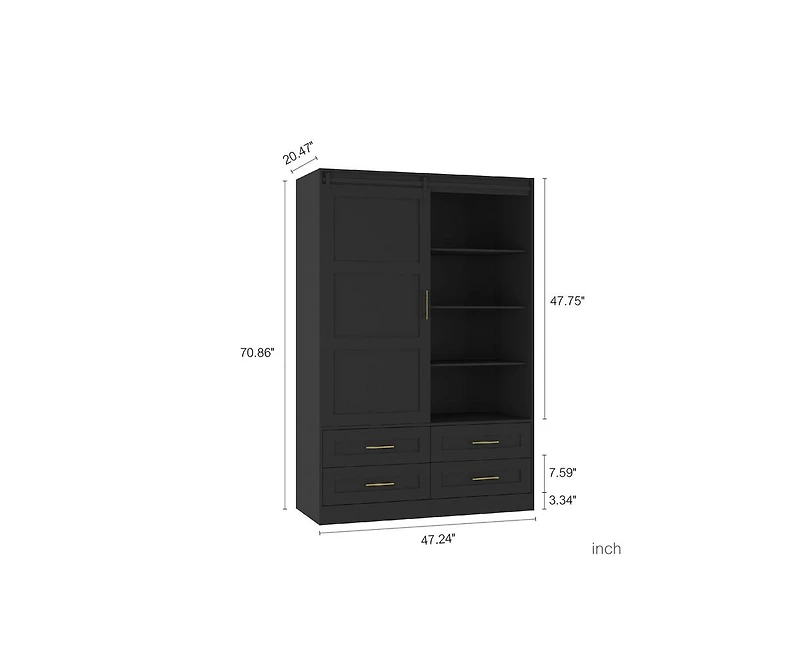 Tall Cabinet Wardrobe Closet Clothing with Hanging Rod Barn Door Drawers Open Shelves